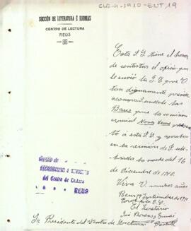 Comunicació de la junta de la Secció de Literatura i Idiomes al president  per informar que s'han aprovat les bases