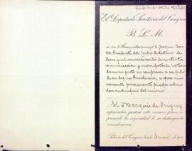 Carta del Marquès de Grigny al president del Centre de Lectura amb relació a la subscripció