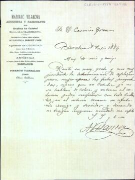 Carta de A. Vilanova al president del Centre donant el seu suport en la decisió d'ajornar l'entrega de premis del Certamen