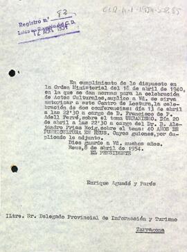 Carta del president al delegat provincial d'informació i turisme de Tarragona