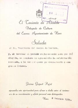 Carta de Jaume Gispert Pujol al president del Centre de Lectura