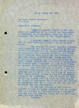 Carta de la Secció Excursionista a Joan Parera Totosaus