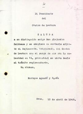 Carta del president del Centre de Lectura a Alejandro Baldueza