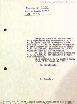 Carta d'agraïment del president a José Ibáñez Martín