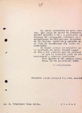 Carta de la Junta Directiva a Francesc Tous Aulés