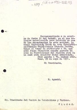 Carta del president al Centre d'Iniciatives i Turisme donant el consentiment necessari per a poder ocupar dependències de l'entita