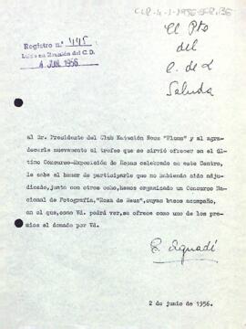 Carta d'agraïment del president al Club Natació Reus Ploms