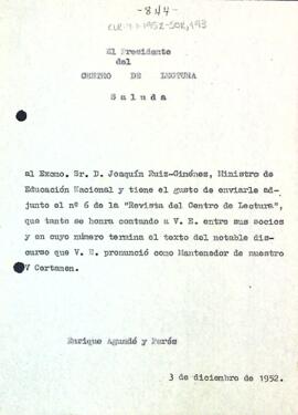 Carta d'Enric Aguadé Parés a Joaquín Ruiz-Giménez