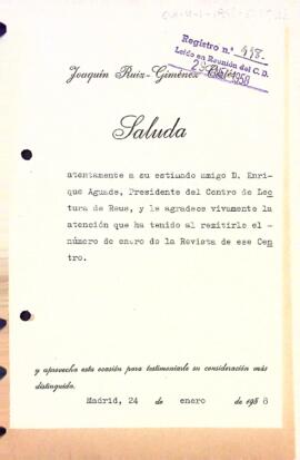 Agraïment per l'enviament de la Revista del Centre de Lectura