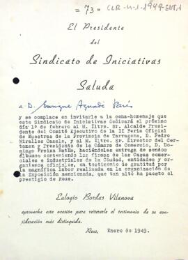 Invitació d'Eulogio Bordas a Enric Aguadé al sopar homenatge dedicat a Pere Miralles Casals i a Domingo Freixa Batlle