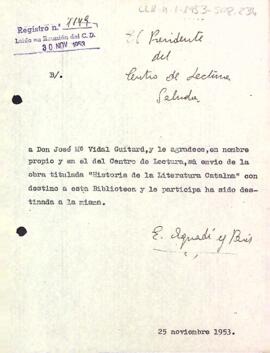 Carta d'agraïment del president a Josep M. Vidal Guitard
