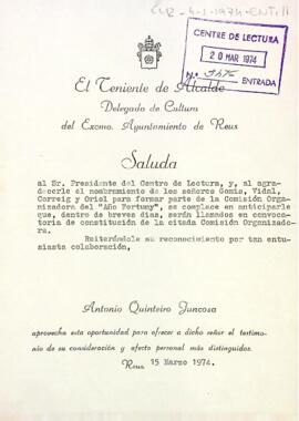 Carta d'agraïment d'Antonio Quinteiro Juncosa al president del Centre de Lectura