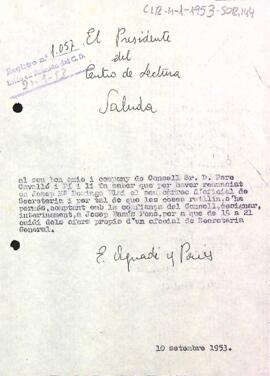 Carta del president a Pere Cavallé i Pi