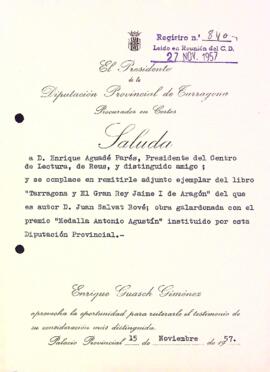 Carta de la Diputació Provincial de Tarragona al Centre de Lectura de Reus