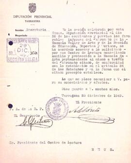 Carta del president de la Diputació de Tarragona donant la seva conformitat a l'Escola d'Art del Centre de Lectura
