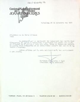 Carta d'agraïment de la Comissió del Centenari del naixement del Mestre Joan Llongueres