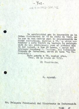 Carta d'Enric Aguadé al Delegat provincial del Ministerio de Información