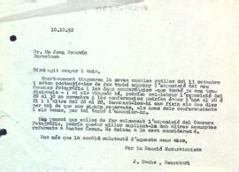 Carta de la Secció Excursionista a l'Arxiu Bibliogràfic de Santes Creus