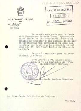 Carta de l'Ajuntament de Reus al president del Centre de Lectura informant de la concessió d'una subvenció