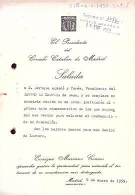 Carta del del Círculo Catalán de Madrid al president del Centre de Lectura