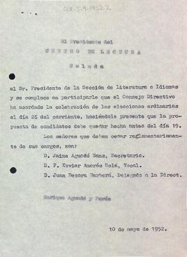 Carta del President del Centre de Lectura a la Secció