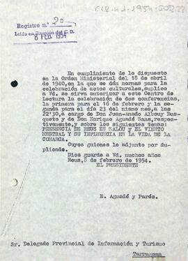 Carta del president al delegat d'informació i turisme de Tarragona