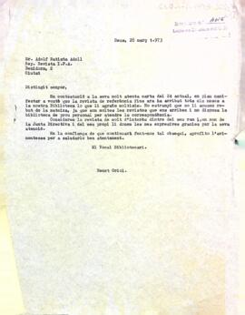 Carta d'agraïment de Benet Oriol a la Revista I.F.A