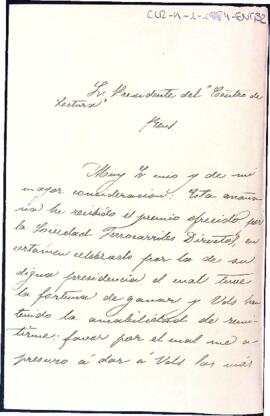 Carta d'agraïment de Manuel de Mata i Maneja per haver rebut els obsequis com a guanyador del Certamen