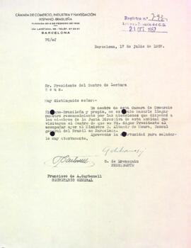 Carta de G. de Erausquin al Centre de Lectura