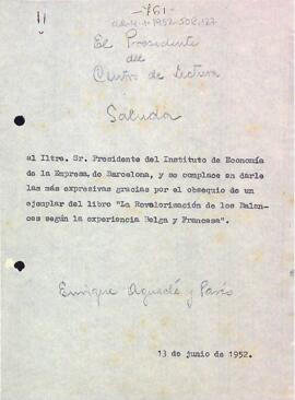 Carta d'agraïment al president del Instituto de Economía de la Empresa