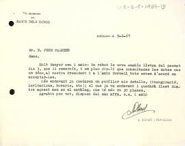 Carta del secretari dels Amics dels Goigs a Pere Calderó