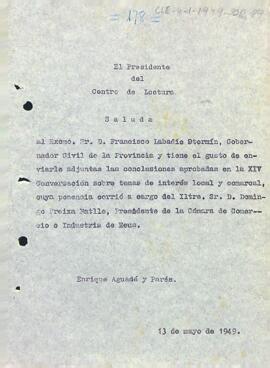 Carta del president informant el governador civil de la província de Tarragona de les conclusions aprovades durant la catorzena sessió de converses sobre temes d'interès local i comarcal