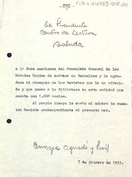 Carta d'agraïment del president a la Casa Americana del Consolat General dels Estats Units