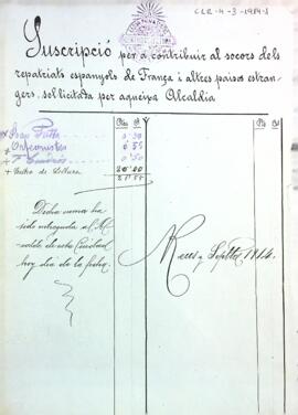 Subscripció per a la recaptació de diners a favor dels repatriats espanyols de França i altres països