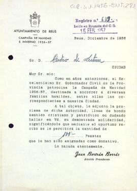 Carta de l'alcalde de Reus al Centre de Lectura