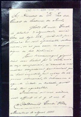 Carta de Baldomer Escudé Vilar enviant una "Oda al sigle XIX" per publicar a l'Eco del Centro de Lectura