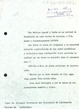 Carta del president al delegat provincial d'informació i turisme de Tarragona