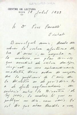 Carta de Josep Caixés Gilabert a Pere Cavallé