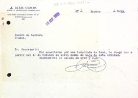 Carta de J. Más Cros al Centre de Lectura de Reus