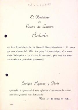 Carta de la Junta Directiva de l'entitat a la Secció Excursionista
