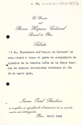 Carta del director del Banco Hispano Colonial, sucursal de Reus, adjuntant un exemplar de la memòria de l'any 1948