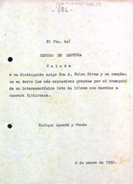 Carta d'agraïment a A. Fabra Ribas