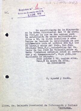 Carta del president al delegat provincial d'informació i turisme de Tarragona