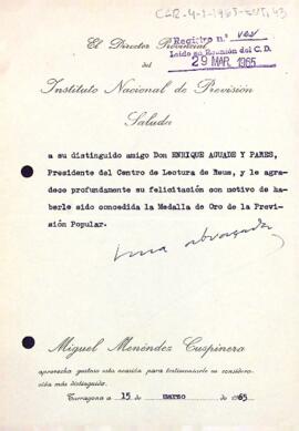Carta del director provincial de l'Institut Nacional de Previsió al president del Centre de Lectura