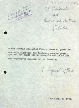 Carta del president a Joaquín Montoriol-Pous