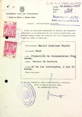 Carta del governador civil al president del Centre de Lectura autoritzant la projecció d'uns documental francesos