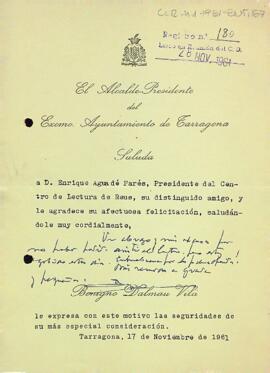 Carta d'agraïment de l'alcalde de Tarragona al president del Centre de Lectura