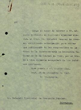 Carta del president al delegat provincial d'educació popular sol·licitant una autorització per a poder continuar editant la Revista del Centre de Lectura