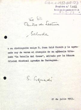 Carta d'agraïment del president a Joan Solé Caralt
