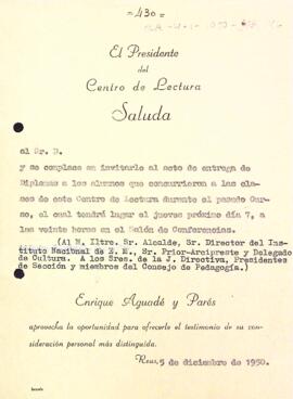 Invitació al repartiment de diplomes dels alumnes que van destacar en les classes que ofereix el Centre de Lectura